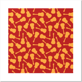Guitar silhouettes orange yellow on a red background. Ukulele pattern. Posters and Art